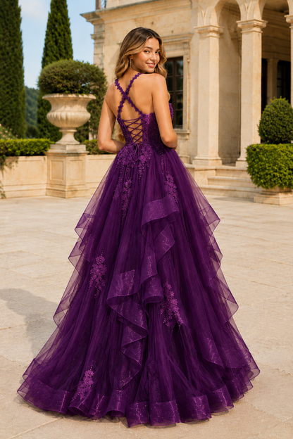 Arisette A Line V Neck Floor Length Tulle Prom Dress- Style in Purple - back view