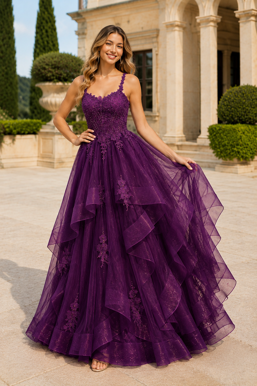 Arisette A Line V Neck Floor Length Tulle Prom Dress- Style in Purple - front view