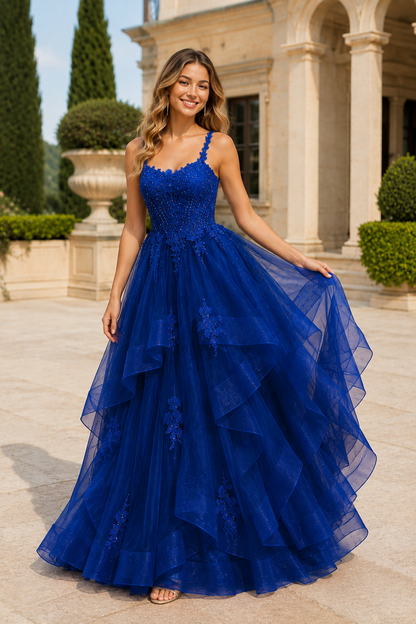 Arisette A Line V Neck Floor Length Tulle Prom Dress- Style in Royal Blue - front view