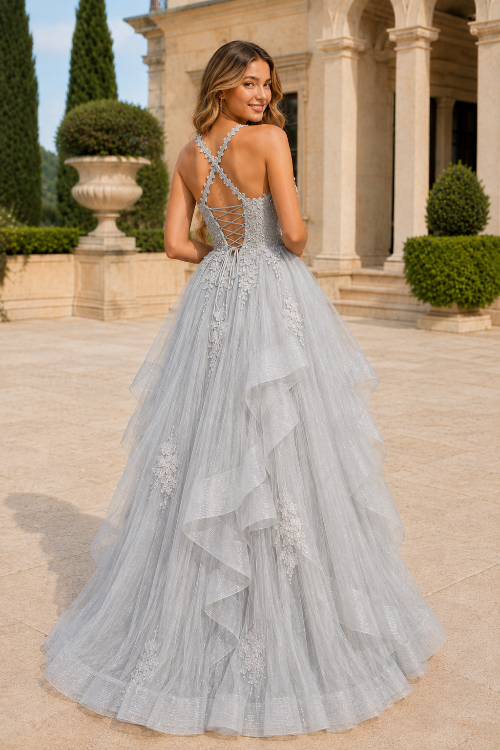 Arisette A Line V Neck Floor Length Tulle Prom Dress- Style in Silver - back view