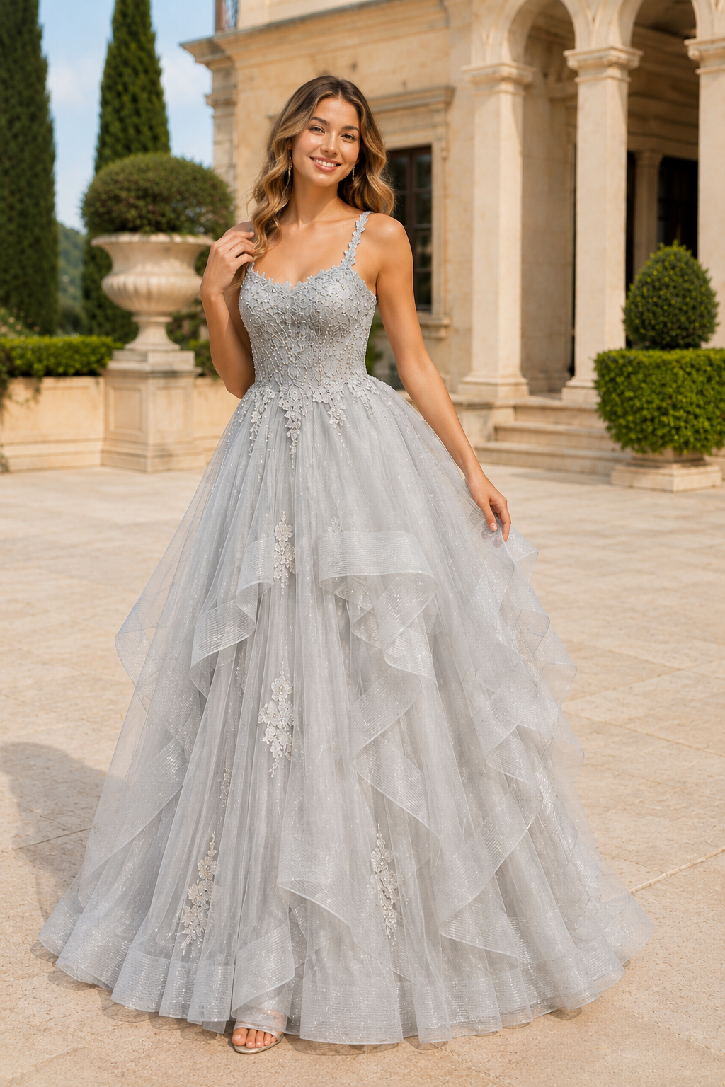 Arisette A Line V Neck Floor Length Tulle Prom Dress- Style in Silver - front view