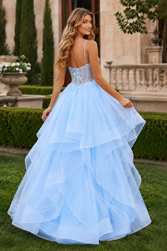 Celine Ball Gown V Neck Sweep Train Tulle Prom Dress - back view