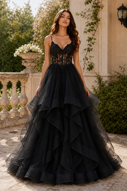 Celine Ball Gown V Neck Sweep Train Tulle Prom Dress in Black - front view