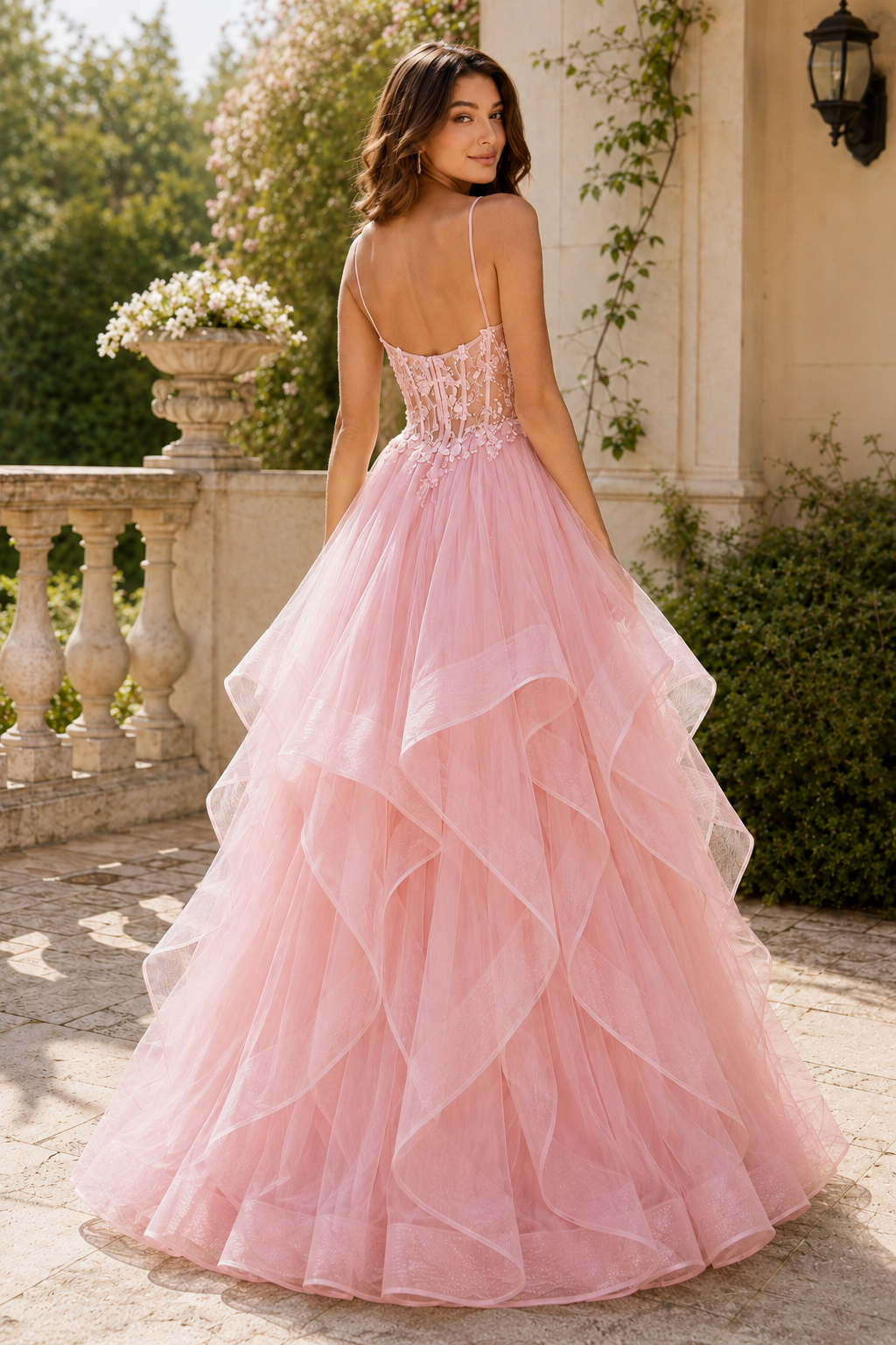 Celine Ball Gown V Neck Sweep Train Tulle Prom Dress in Blush Pink - back view