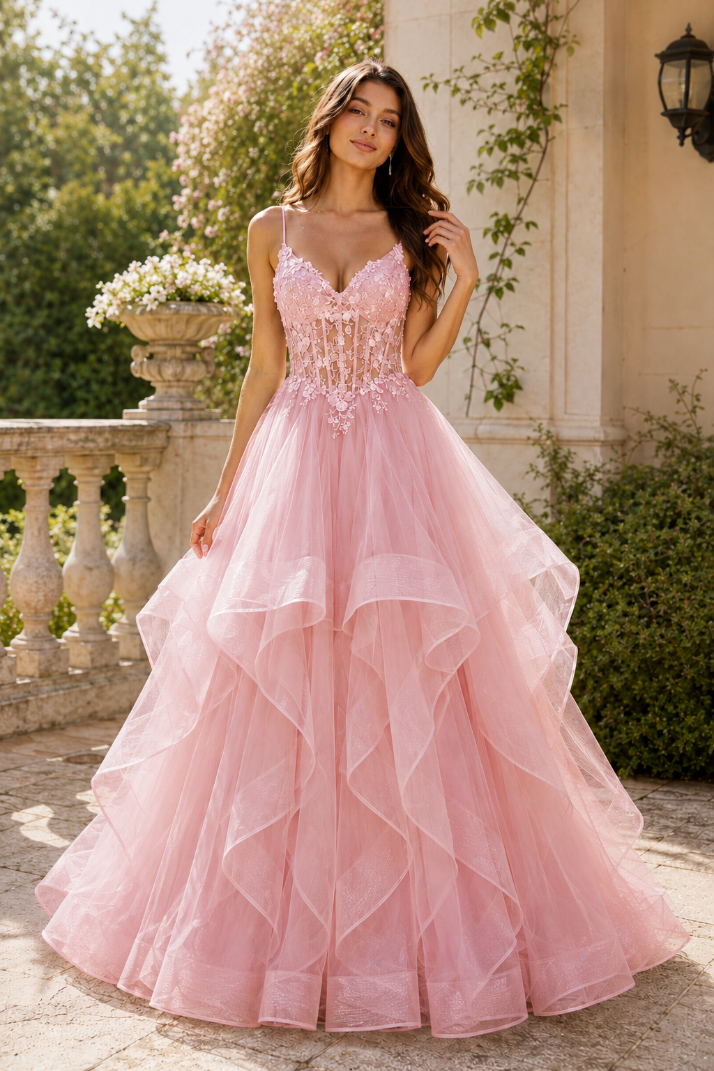 Celine Ball Gown V Neck Sweep Train Tulle Prom Dress in Blush Pink - front view
