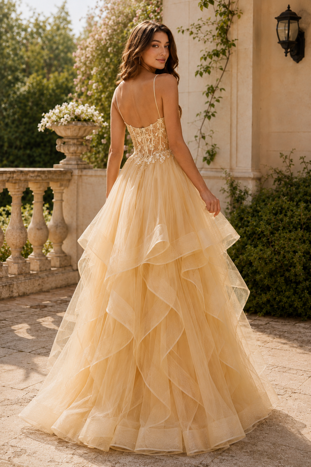 Celine Ball Gown V Neck Sweep Train Tulle Prom Dress in Champagne - back view