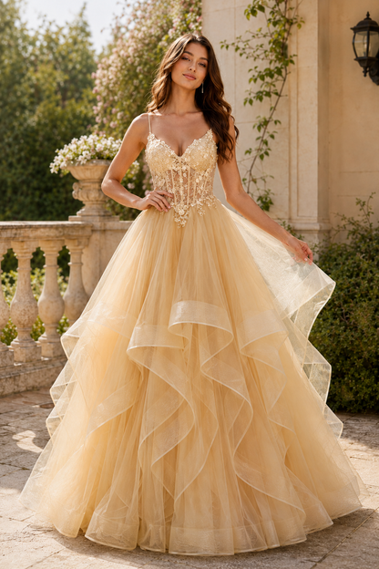 Celine Ball Gown V Neck Sweep Train Tulle Prom Dress in Champagne - front view