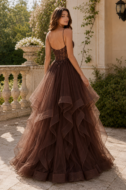 Celine Ball Gown V Neck Sweep Train Tulle Prom Dress in Chocolate Brown - back view