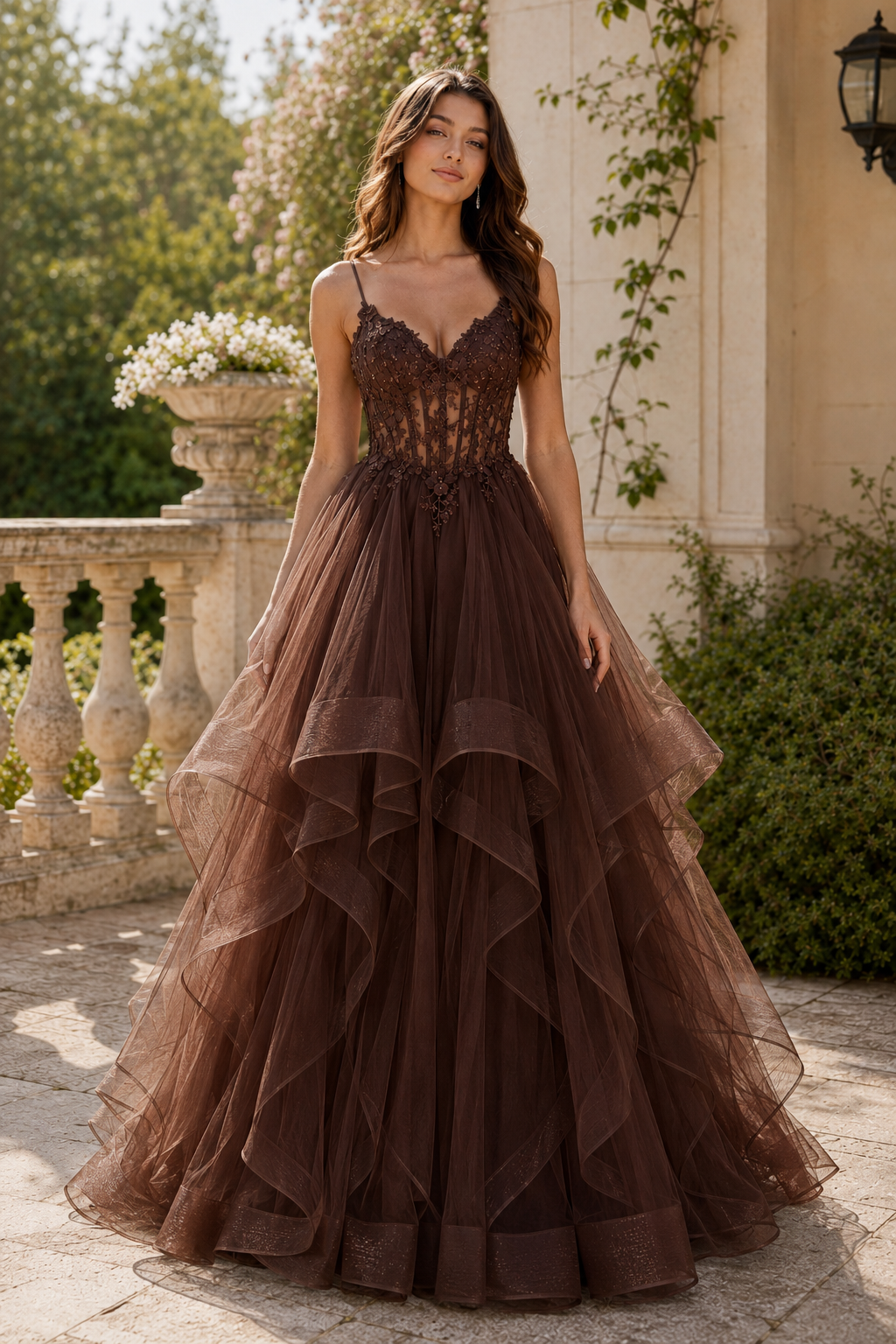 Celine Ball Gown V Neck Sweep Train Tulle Prom Dress in Chocolate Brown - front view