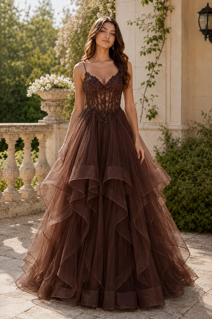 Celine Ball Gown V Neck Sweep Train Tulle Prom Dress in Chocolate Brown - front view