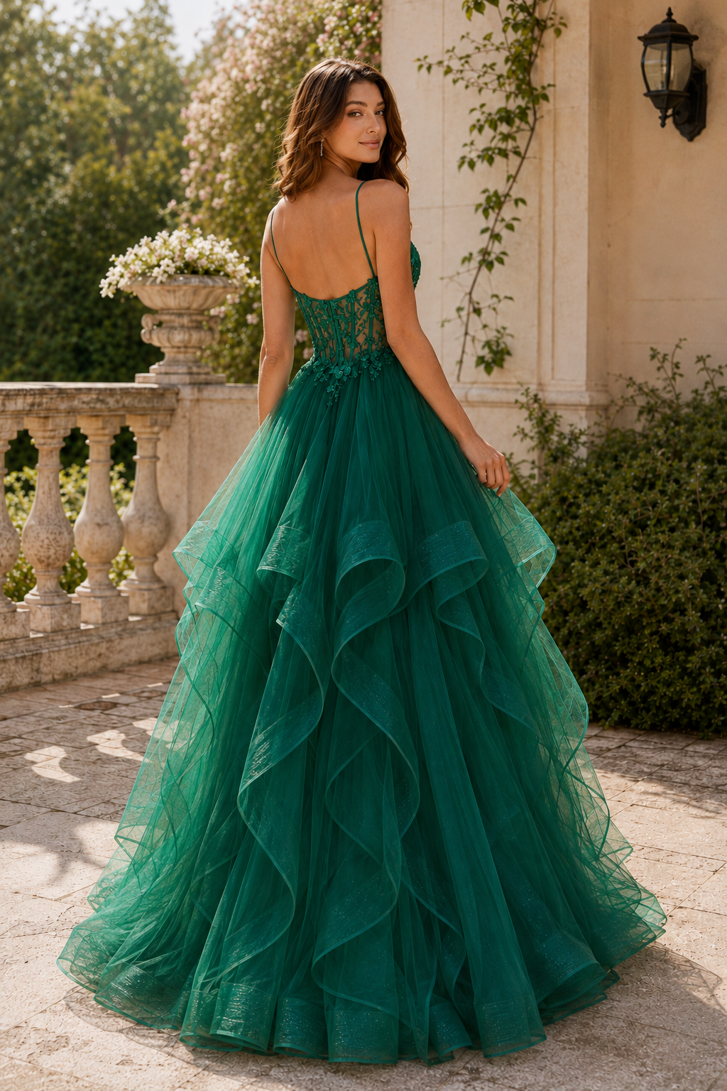 Celine Ball Gown V Neck Sweep Train Tulle Prom Dress in Emerald Green - back view