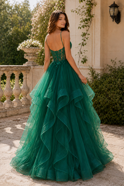 Celine Ball Gown V Neck Sweep Train Tulle Prom Dress in Emerald Green - back view
