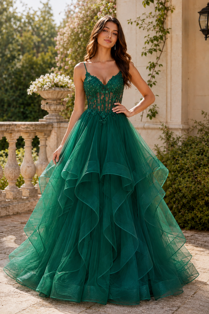 Celine Ball Gown V Neck Sweep Train Tulle Prom Dress in Emerald Green - front view