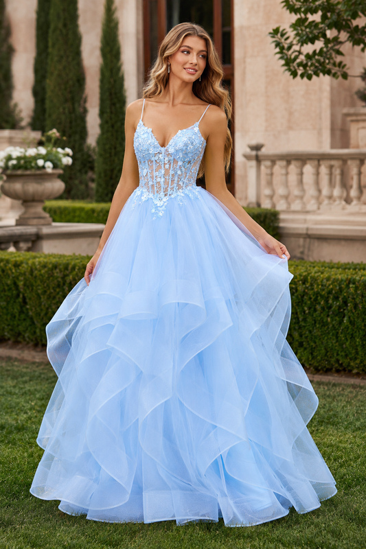 Celine Ball Gown V Neck Sweep Train Tulle Prom Dress - front view