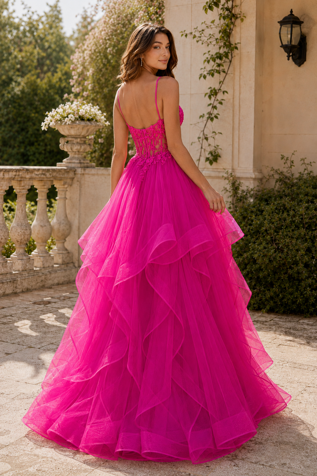 Celine Ball Gown V Neck Sweep Train Tulle Prom Dress in Hot Pink - back view