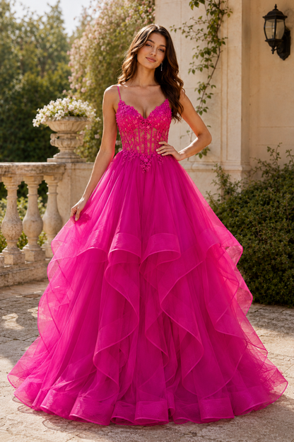 Celine Ball Gown V Neck Sweep Train Tulle Prom Dress in Hot Pink - front view