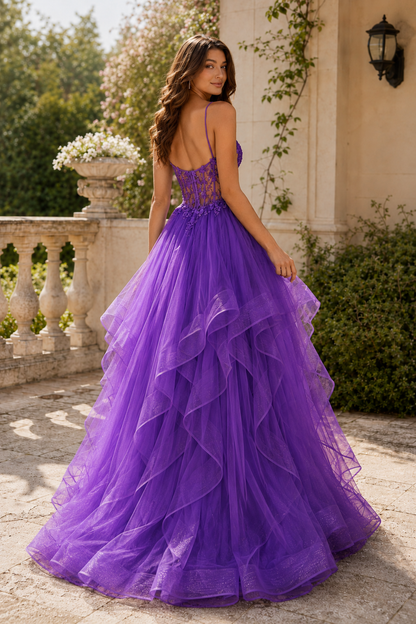 Celine Ball Gown V Neck Sweep Train Tulle Prom Dress in Purple - back view