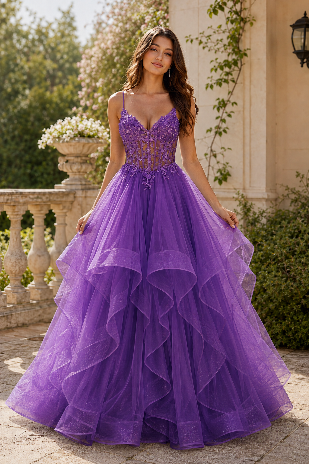 Celine Ball Gown V Neck Sweep Train Tulle Prom Dress in Purple - front view