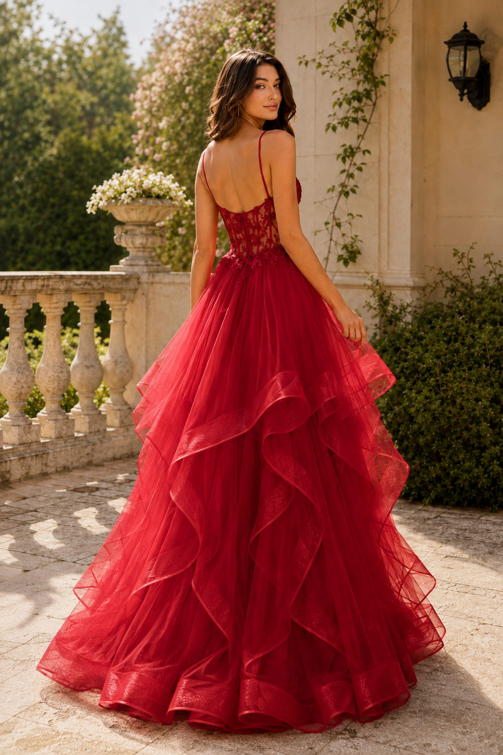 Celine Ball Gown V Neck Sweep Train Tulle Prom Dress in Red - back view