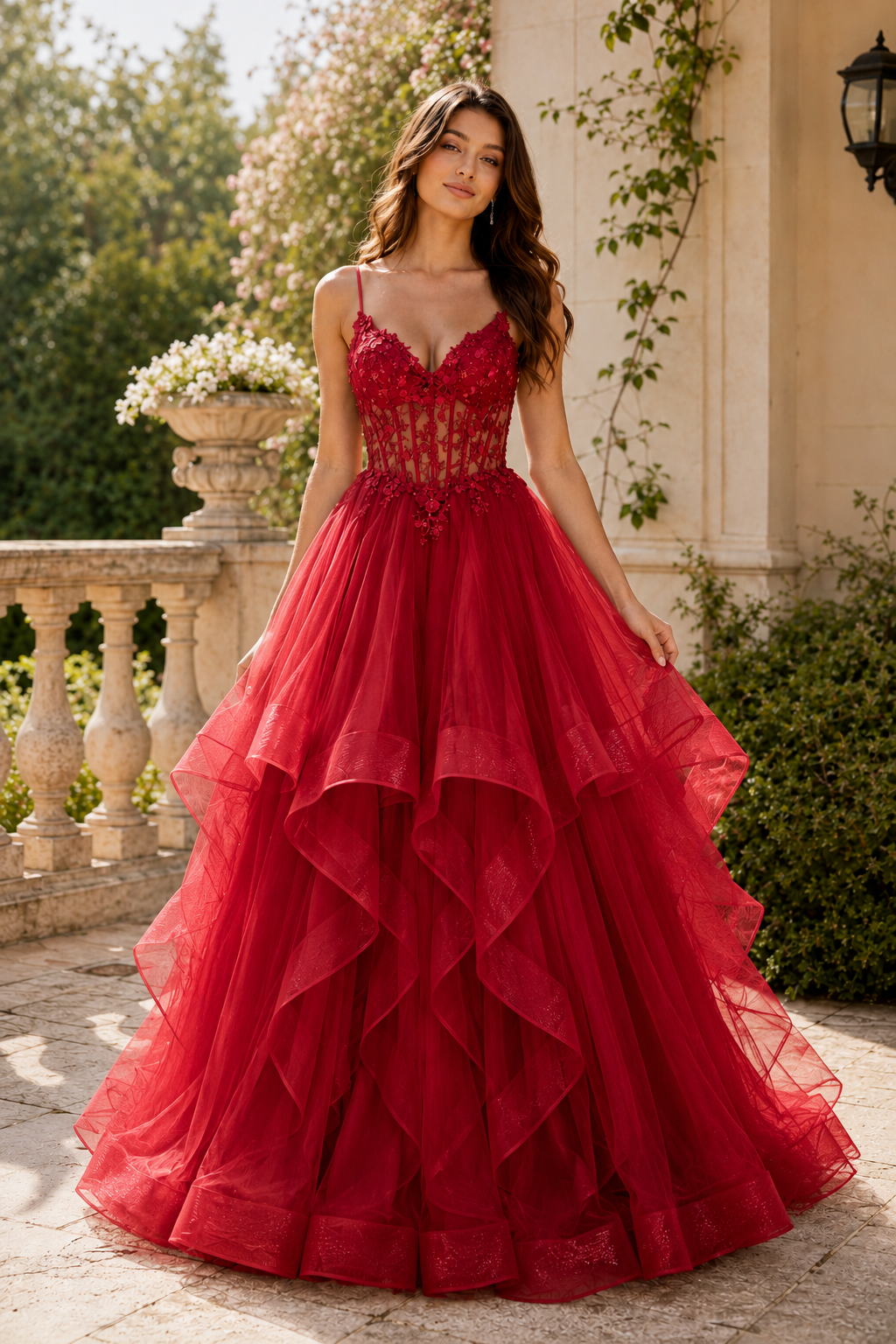 Celine Ball Gown V Neck Sweep Train Tulle Prom Dress in Red - front view