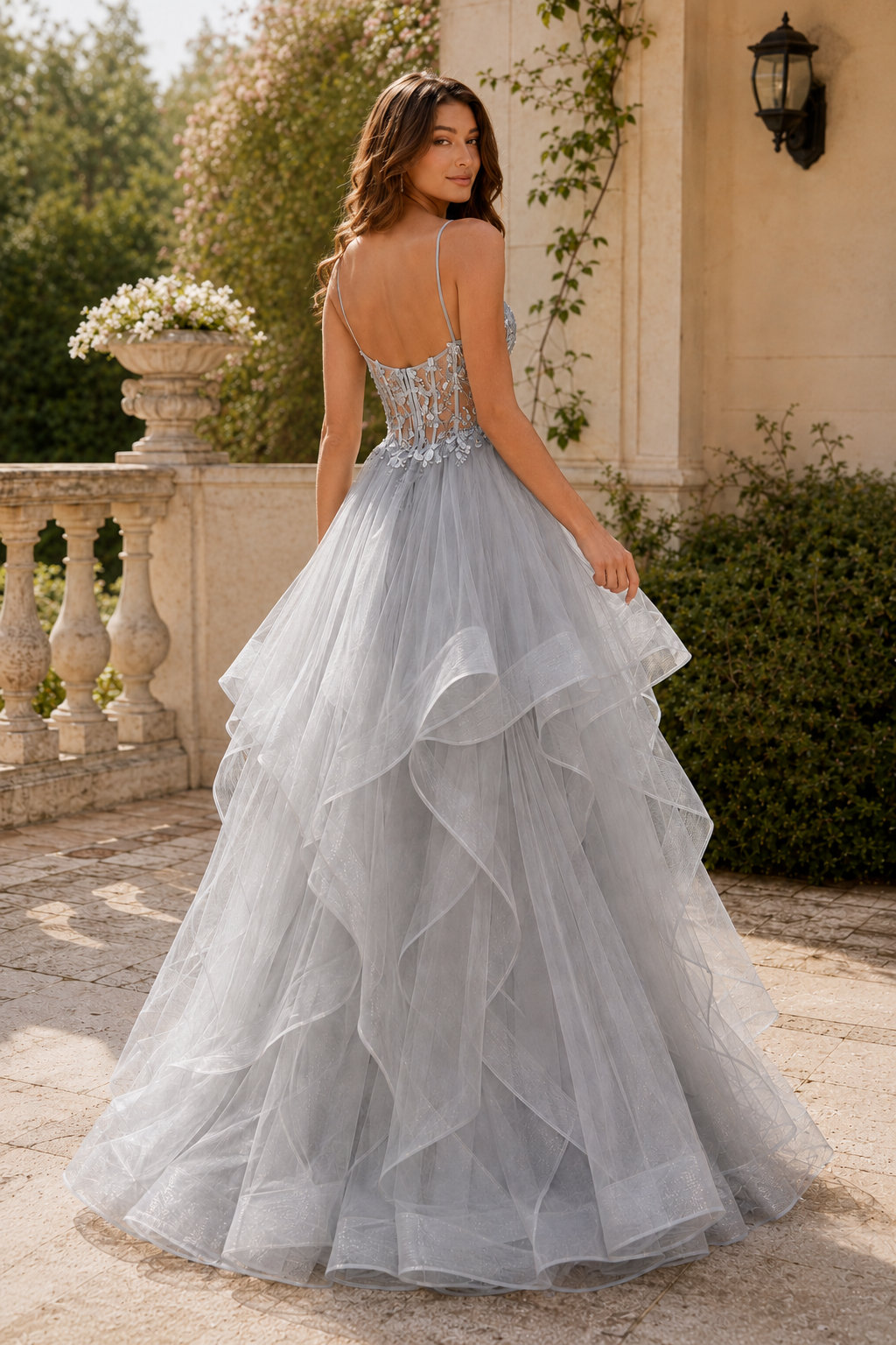 Celine Ball Gown V Neck Sweep Train Tulle Prom Dress in Silver - back view