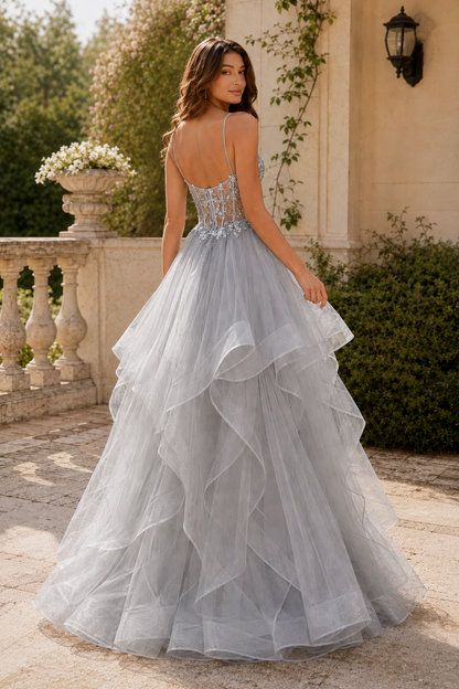 Celine Ball Gown V Neck Sweep Train Tulle Prom Dress in Silver - back view
