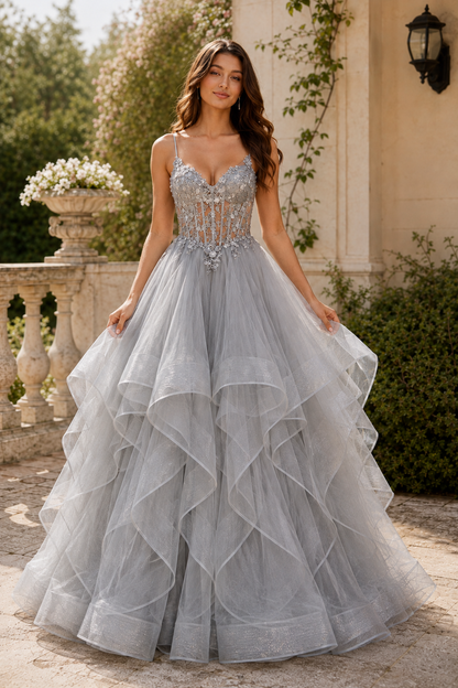 Celine Ball Gown V Neck Sweep Train Tulle Prom Dress in Silver - front view