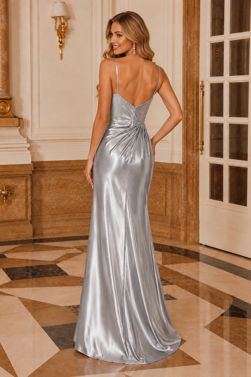 Kalmara Sheath V Neck Sleeveless Sweep Train Satin Satin Prom Dress in Silver - back view