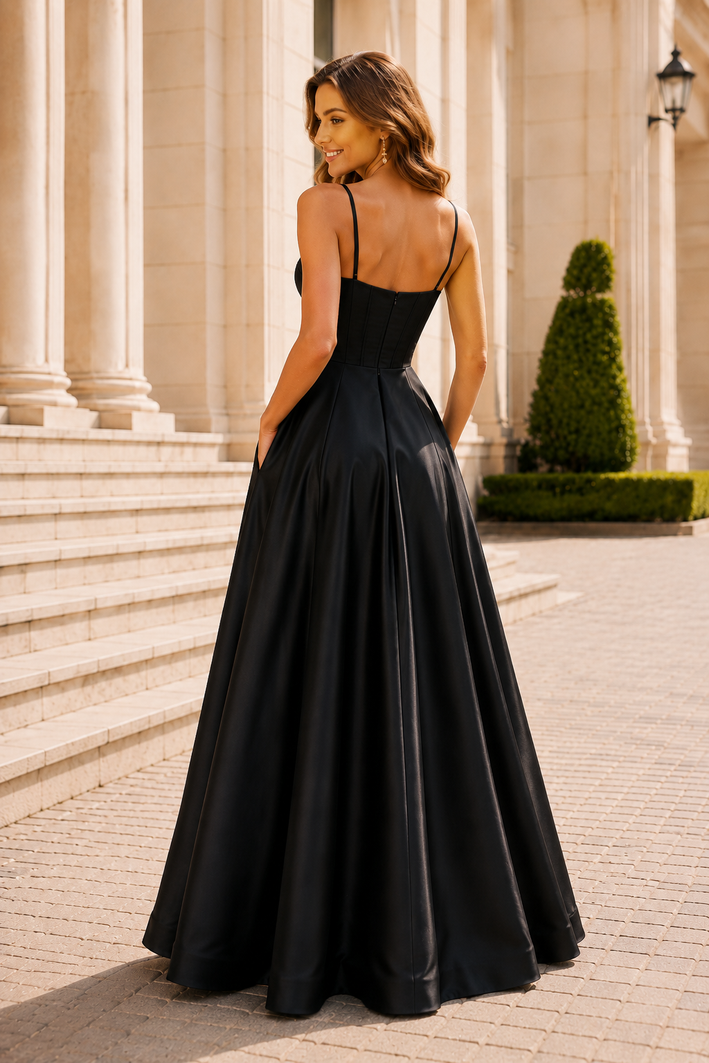 Kallisse A Line Sweetheart Satin Floor Length Prom Dress in Black - back view