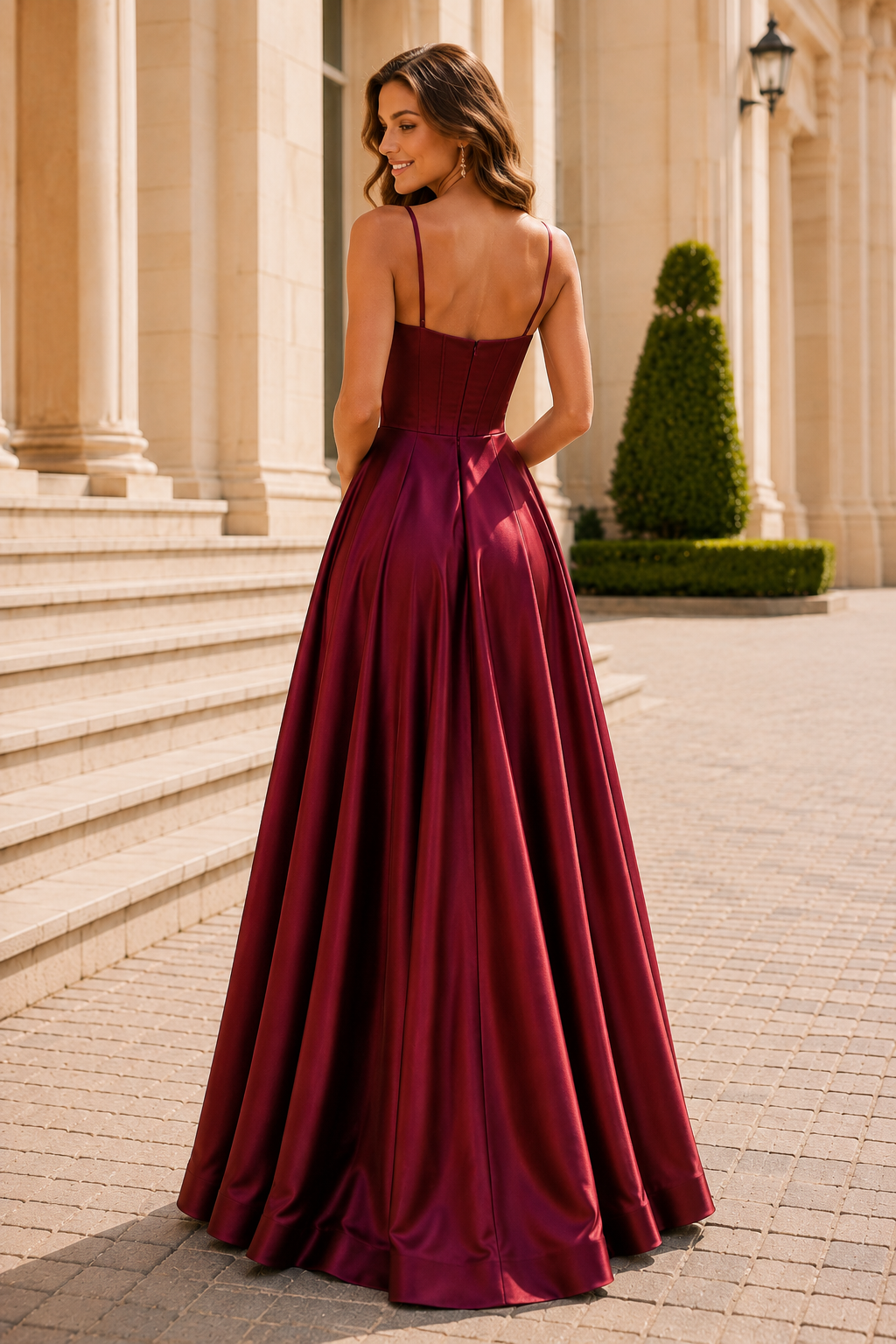 Kallisse A Line Sweetheart Satin Floor Length Prom Dress in Burgundy - back view