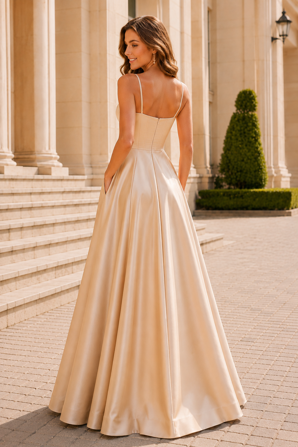 Kallisse A Line Sweetheart Satin Floor Length Prom Dress in Champagne - back view