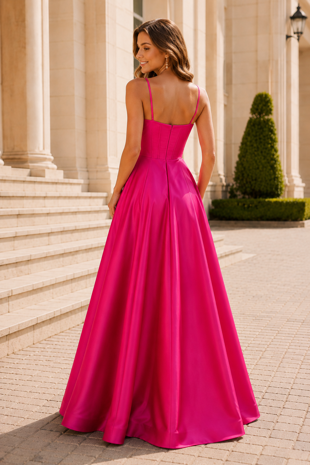 Kallisse A Line Sweetheart Satin Floor Length Prom Dress in Hot Pink - back view
