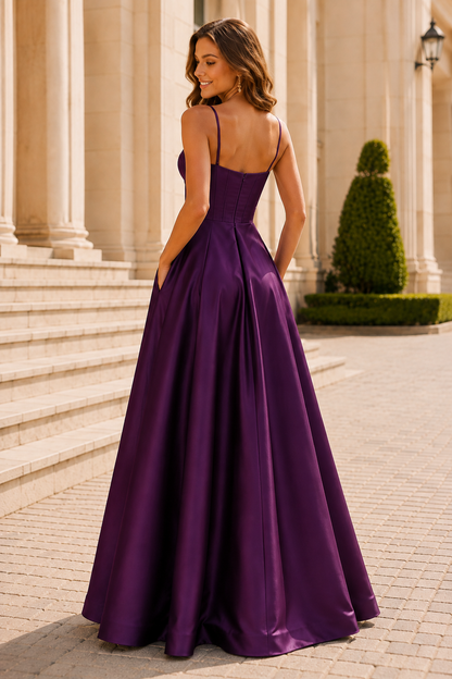 Kallisse A Line Sweetheart Satin Floor Length Prom Dress in Purple - back view