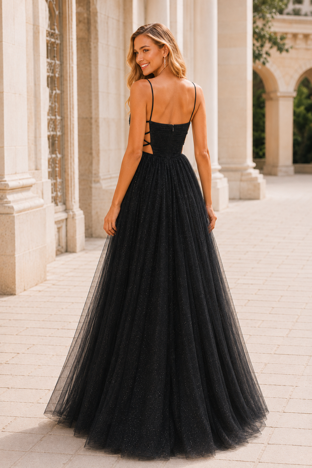 Elovina A Line Square Neckline Sleeveless Sweep Train Tulle Prom Dress- Style in Black - back view
