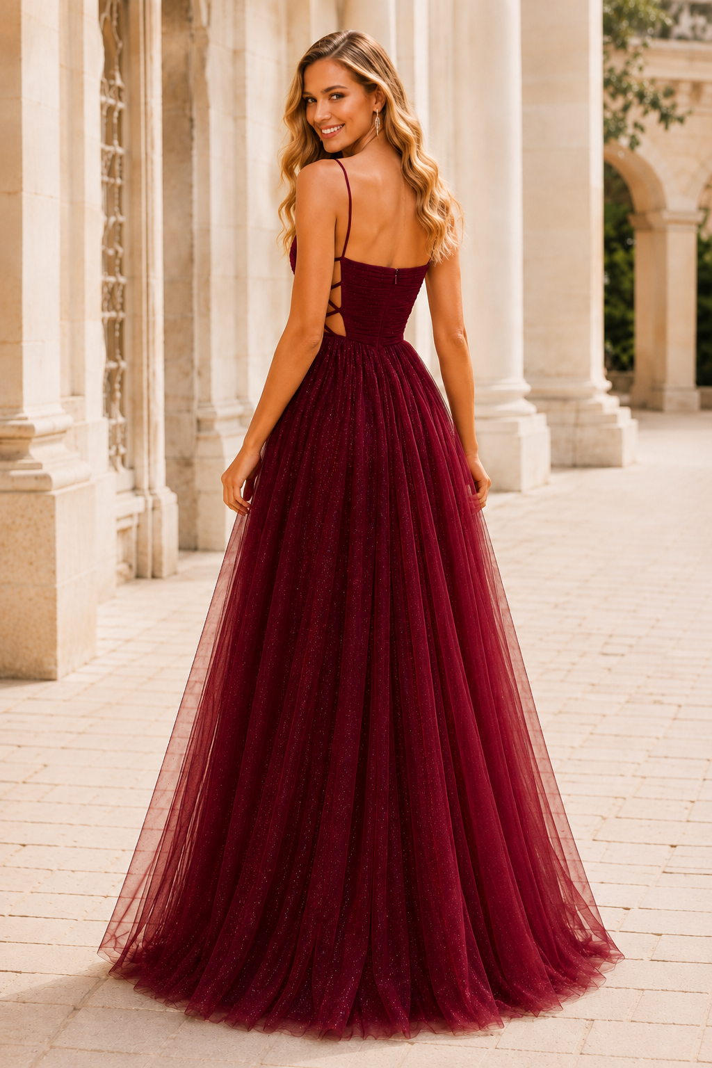 Elovina A Line Square Neckline Sleeveless Sweep Train Tulle Prom Dress- Style in Burgundy - back view