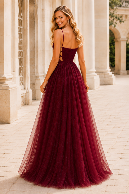 Elovina A Line Square Neckline Sleeveless Sweep Train Tulle Prom Dress- Style in Burgundy - back view