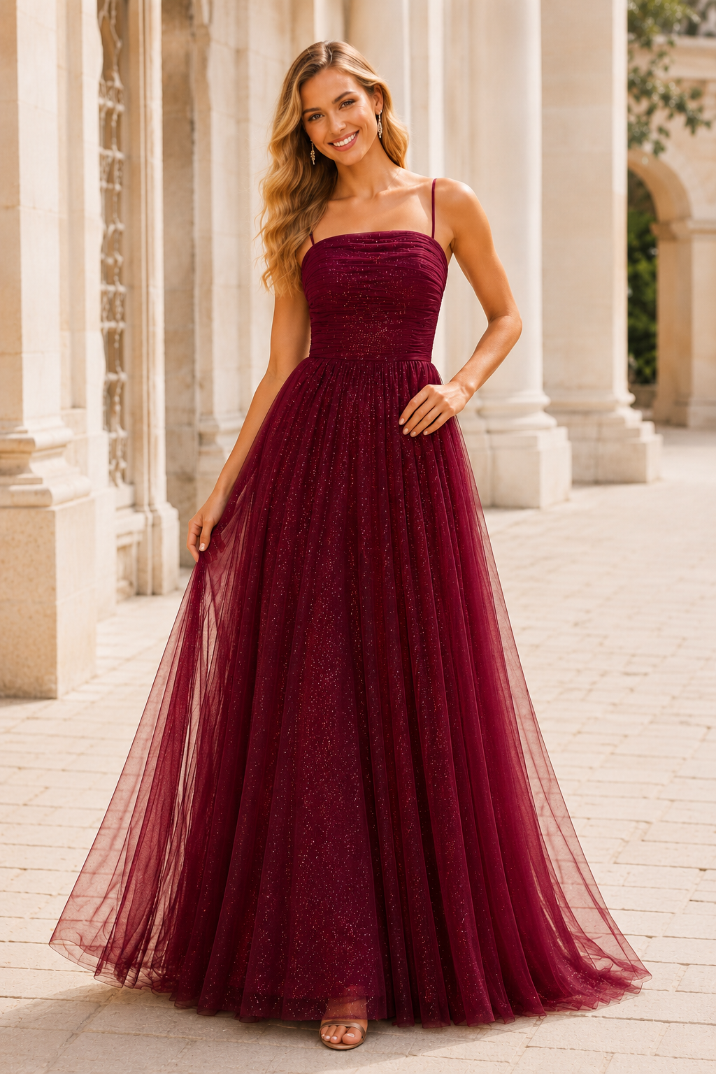 Elovina A Line Square Neckline Sleeveless Sweep Train Tulle Prom Dress- Style in Burgundy - front view