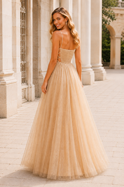 Elovina A Line Square Neckline Sleeveless Sweep Train Tulle Prom Dress- Style in Champagne - back view