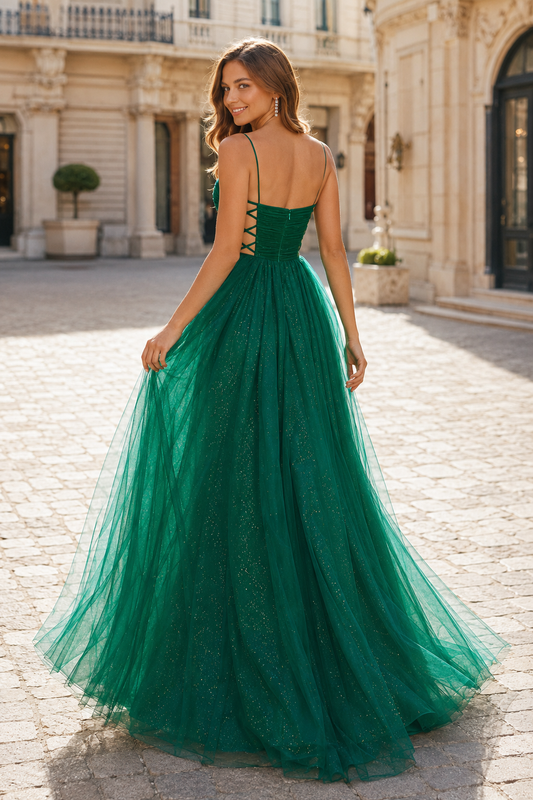 Elovina A Line Square Neckline Sleeveless Sweep Train Tulle Prom Dress- Style - front view