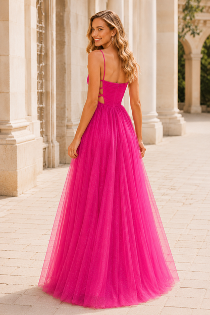 Elovina A Line Square Neckline Sleeveless Sweep Train Tulle Prom Dress- Style in Hot Pink - back view