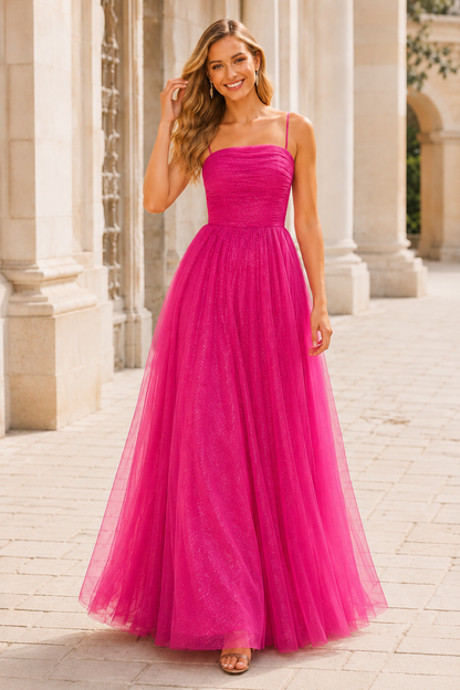 Elovina A Line Square Neckline Sleeveless Sweep Train Tulle Prom Dress- Style in Hot Pink - front view