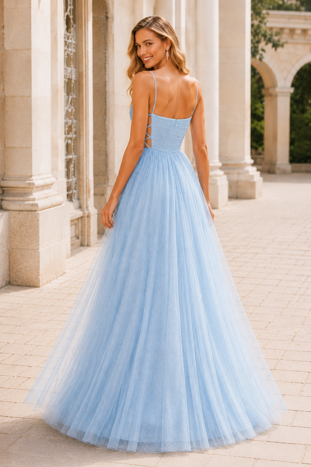 Elovina A Line Square Neckline Sleeveless Sweep Train Tulle Prom Dress- Style in Light Blue - back view