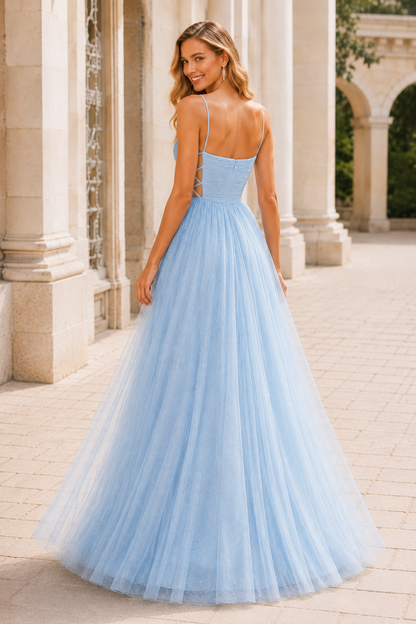 Elovina A Line Square Neckline Sleeveless Sweep Train Tulle Prom Dress- Style in Light Blue - back view