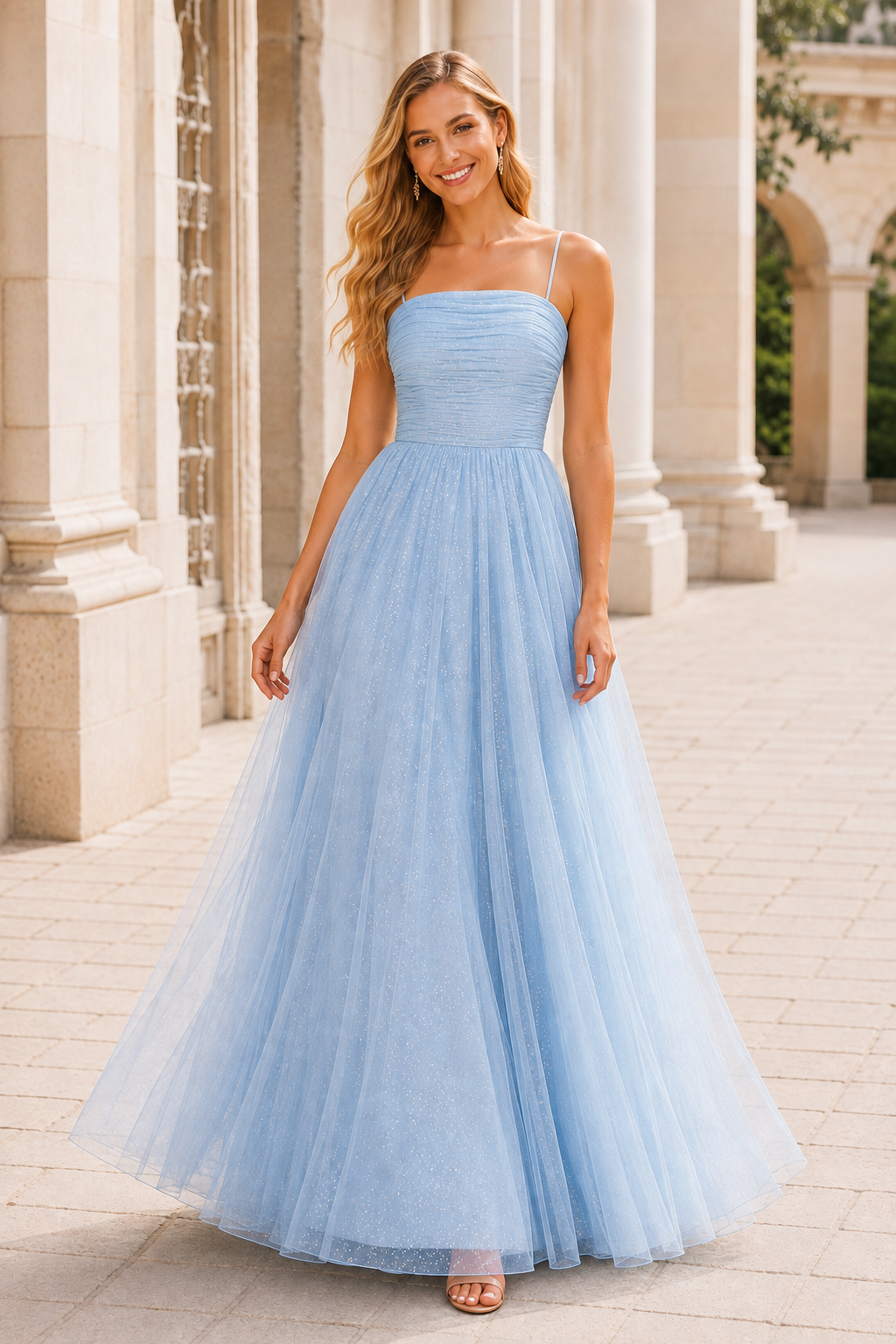 Elovina A Line Square Neckline Sleeveless Sweep Train Tulle Prom Dress- Style in Light Blue - front view