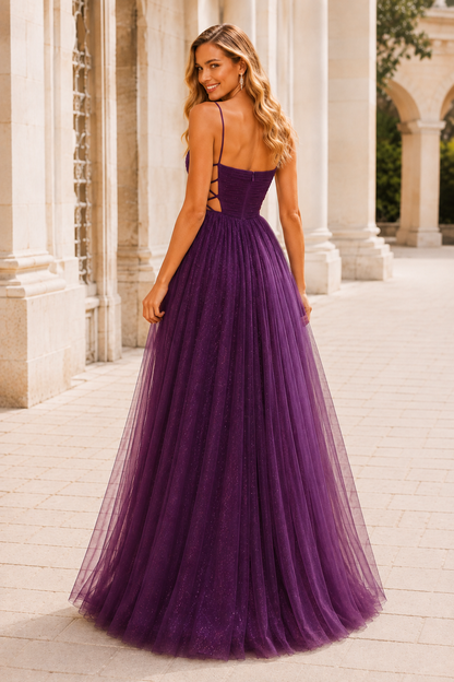 Elovina A Line Square Neckline Sleeveless Sweep Train Tulle Prom Dress- Style in Purple - back view