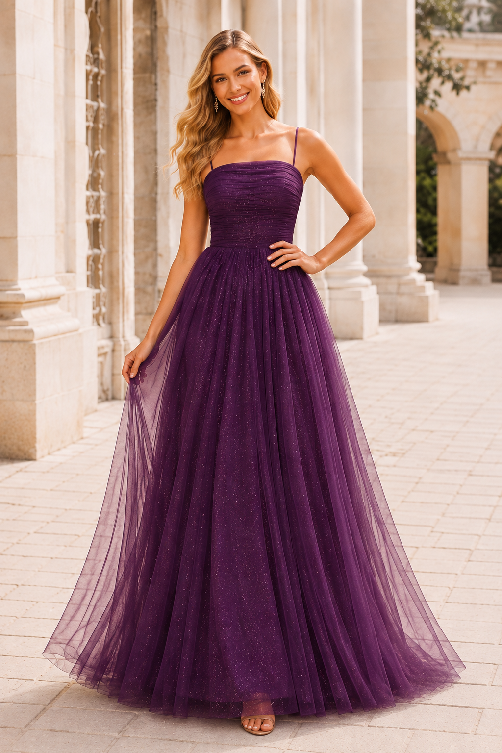 Elovina A Line Square Neckline Sleeveless Sweep Train Tulle Prom Dress- Style in Purple - front view