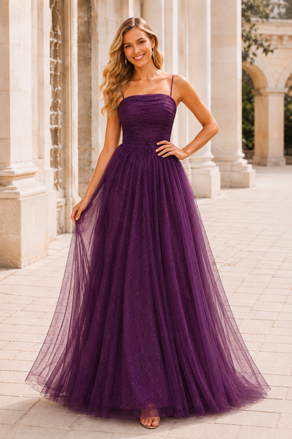 Elovina A Line Square Neckline Sleeveless Sweep Train Tulle Prom Dress- Style in Purple - front view