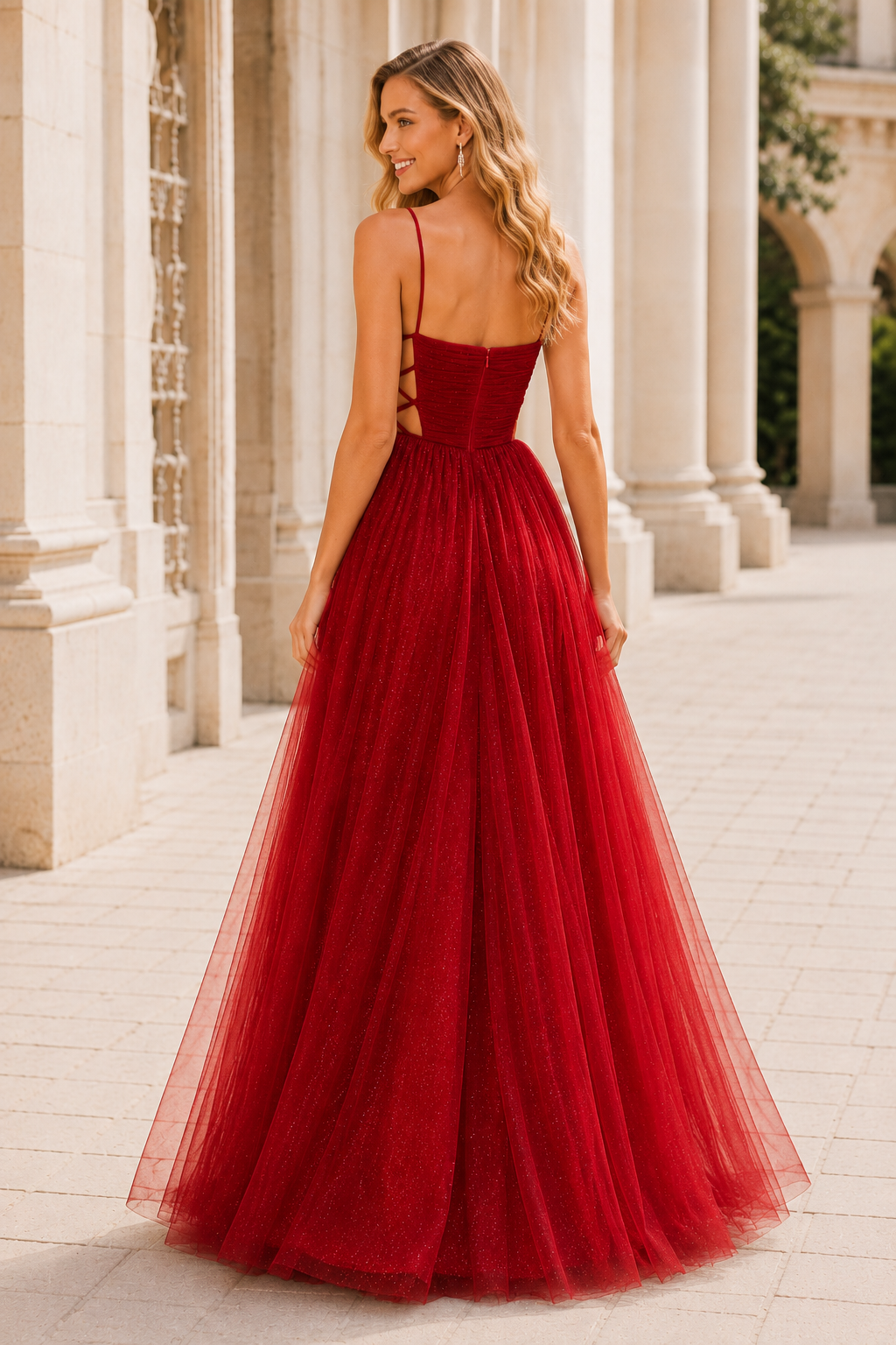 Elovina A Line Square Neckline Sleeveless Sweep Train Tulle Prom Dress- Style in Red - back view