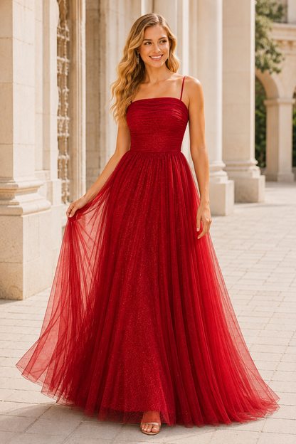 Elovina A Line Square Neckline Sleeveless Sweep Train Tulle Prom Dress- Style in Red - front view