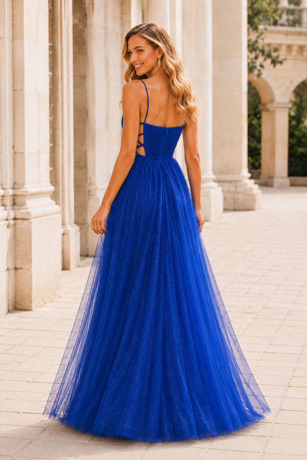 Elovina A Line Square Neckline Sleeveless Sweep Train Tulle Prom Dress- Style in Royal Blue - back view